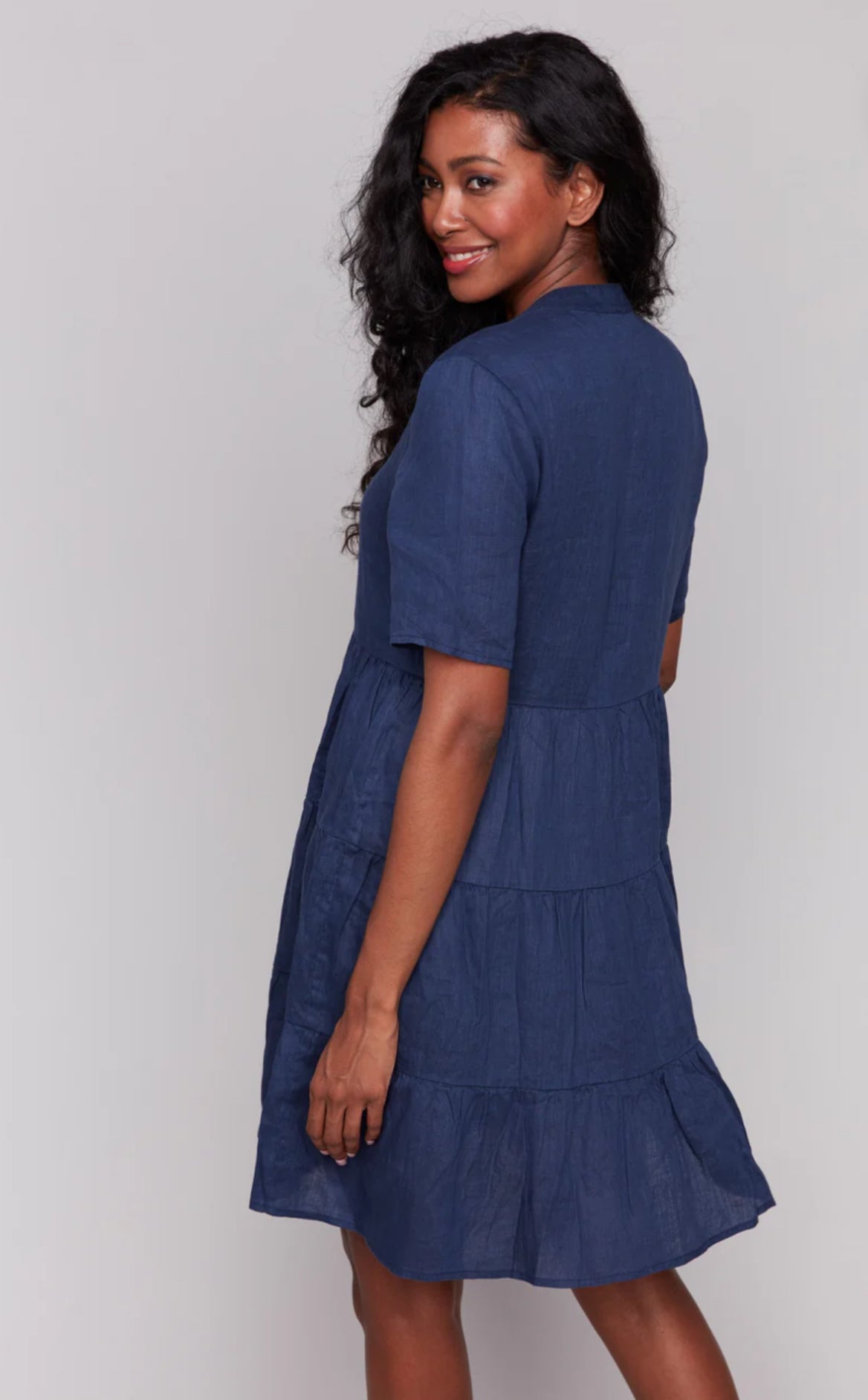 Tiered Linen Blend Dress - Navy