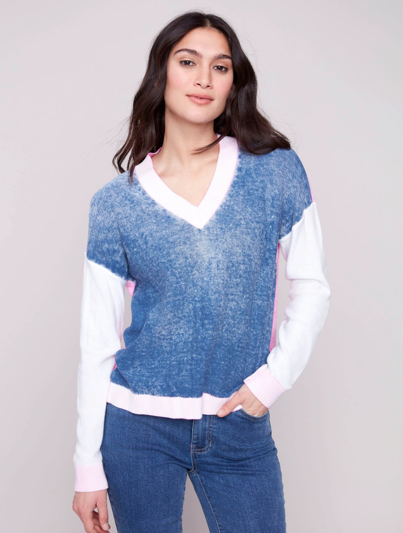 V neck color block sweater