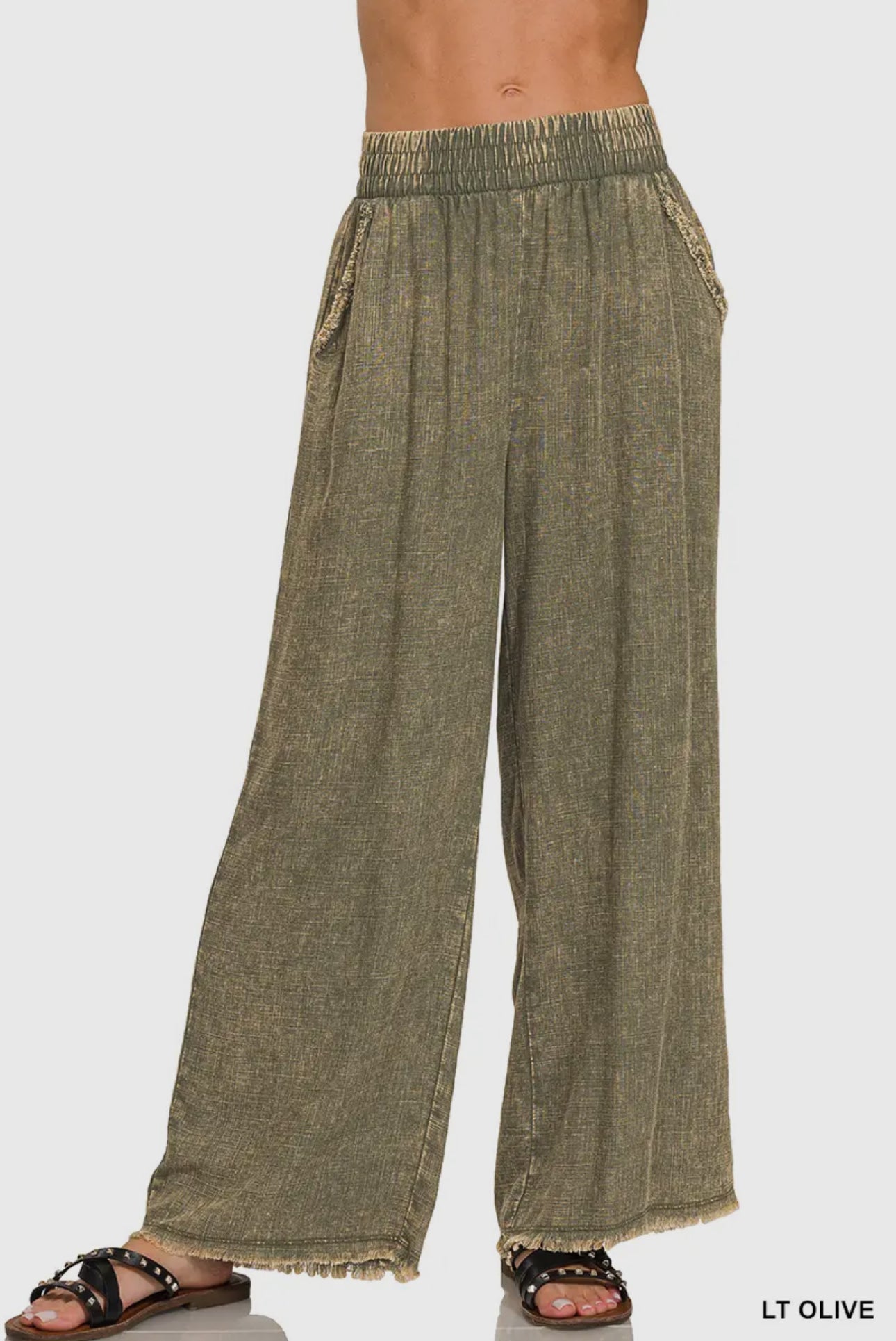 Washed Frayed Elastic Band Waist Pants