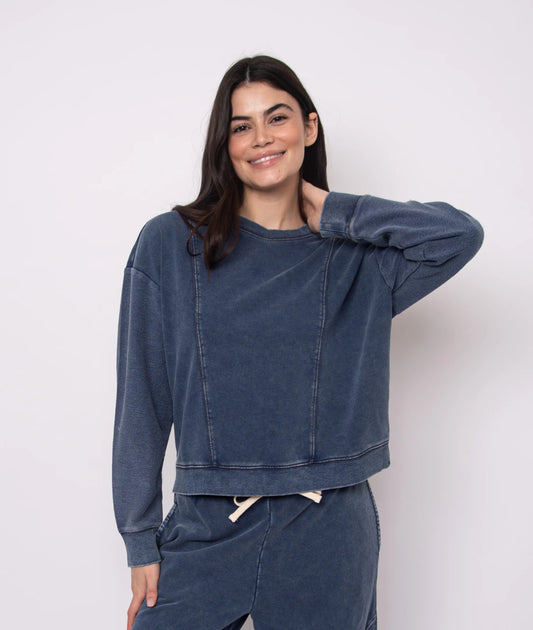 Kacey Denim Look French Terry Pullover - Denim Blue