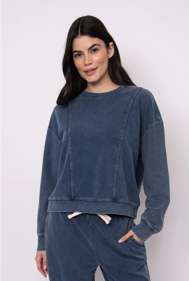 Kacey Denim Look French Terry Pullover - Denim Blue