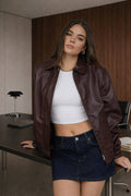 Faux leather collared jacket