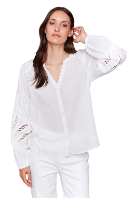 Cotton Button-Front Blouse with Embroidery