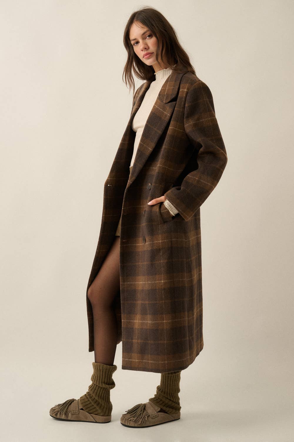 Plaid Felt Double-Breasted Overcoat