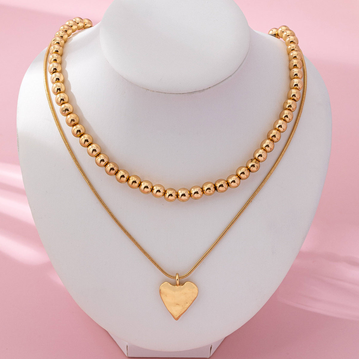 DOUBLE LAYER BALL CHAIN HEART CHARM NECKLACE