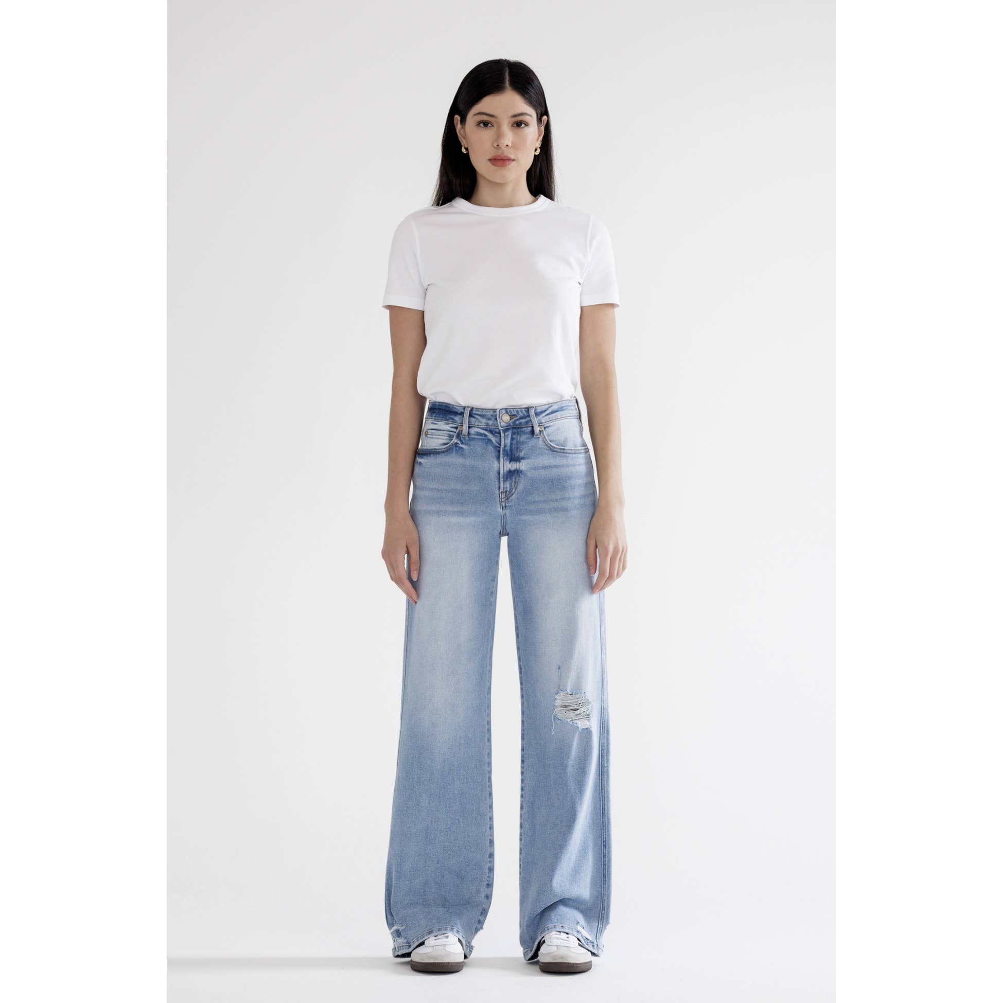 HIGH RISE WIDE WITH KNEE DISTRESSED