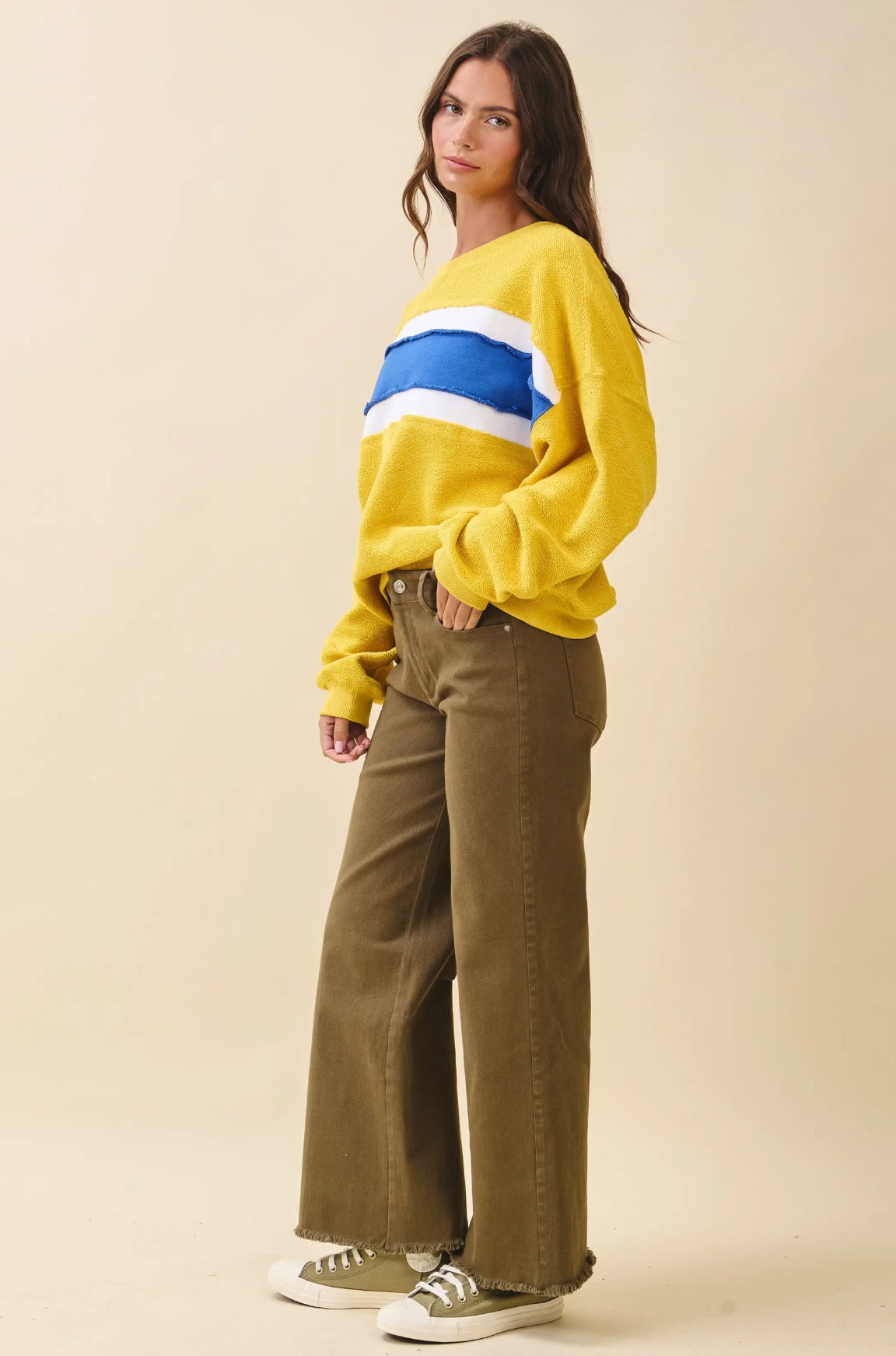 Wide Leg Raw Hem olive jeans
