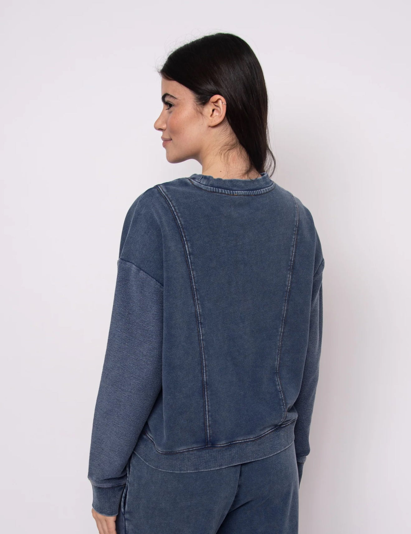 Kacey Denim Look French Terry Pullover - Denim Blue