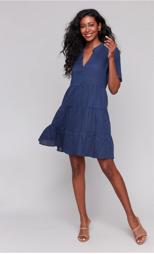 Tiered Linen Blend Dress - Navy