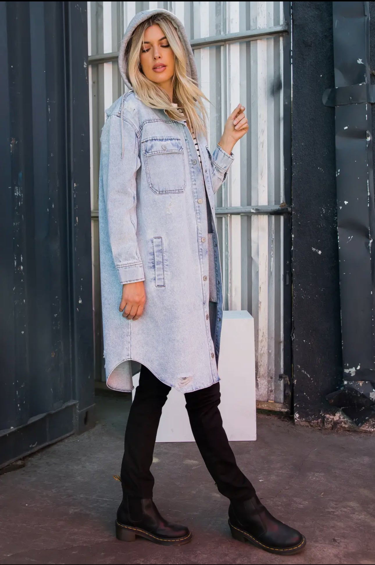 Distressed Denim Long Shacket with Hood