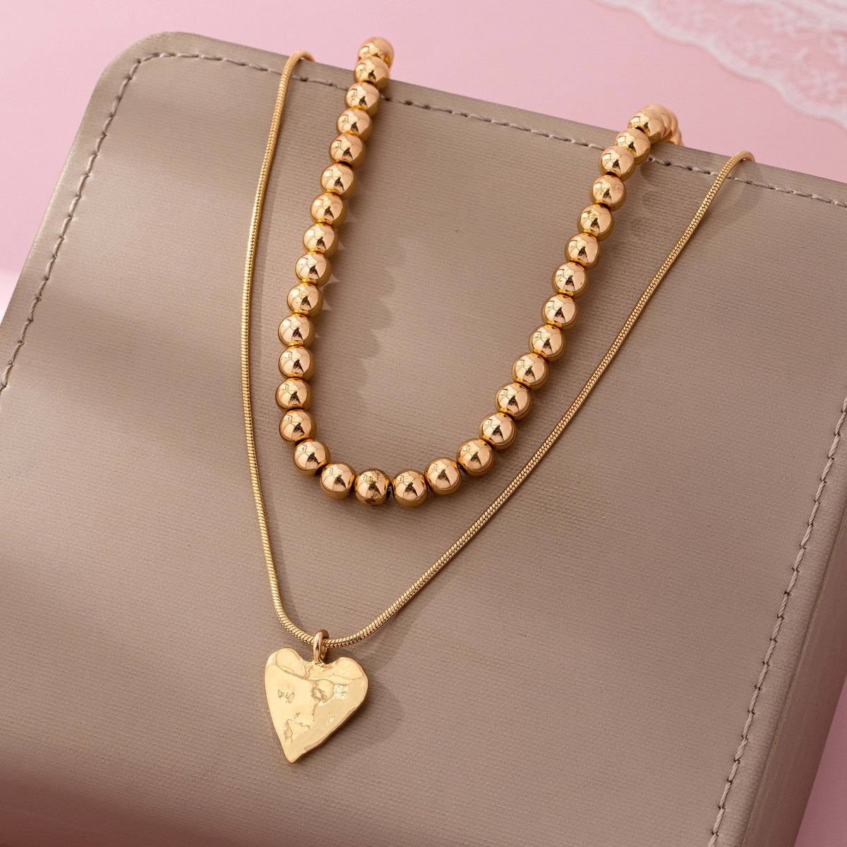 DOUBLE LAYER BALL CHAIN HEART CHARM NECKLACE