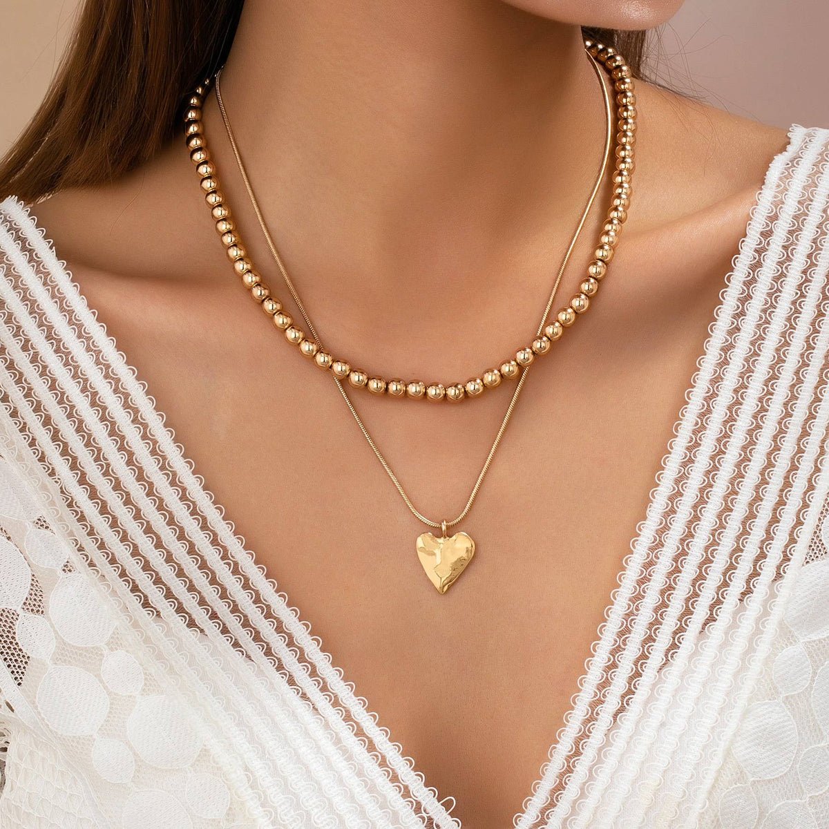 DOUBLE LAYER BALL CHAIN HEART CHARM NECKLACE