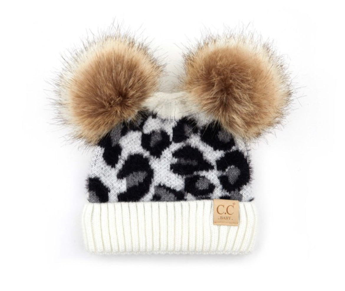 Kids Leopard Print Pom Pom Touque