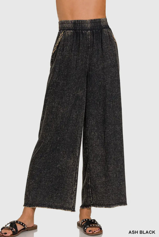 Washed Frayed Elastic Band Waist Pants