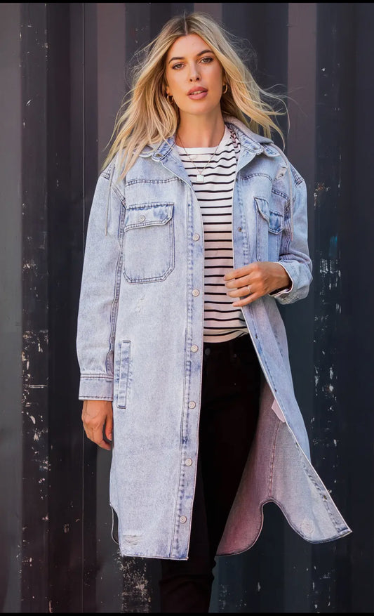 Distressed Denim Long Shacket with Hood