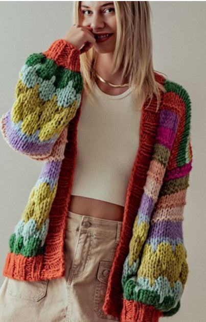 Multicolor Stripe Chunky Knit Cardigan