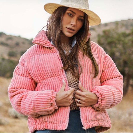 Hot Pink Corduroy Puffer Jacket