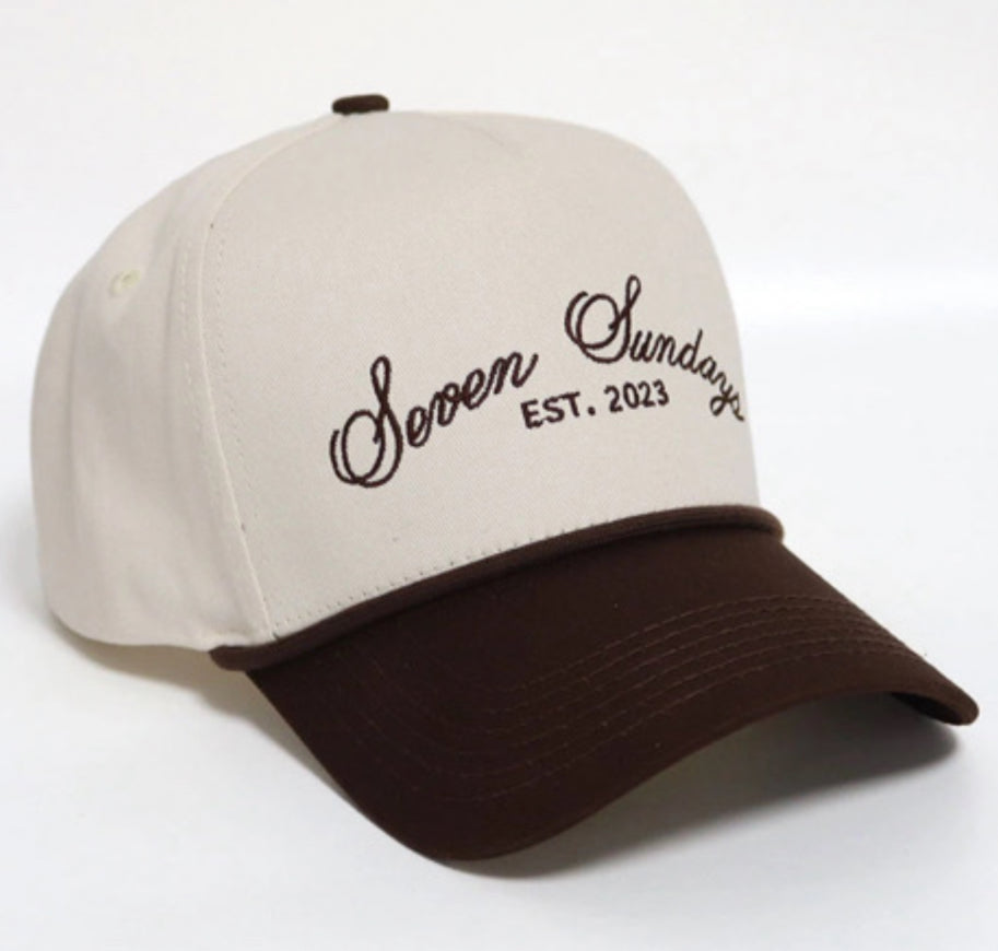 Trucker hat, brown, and white