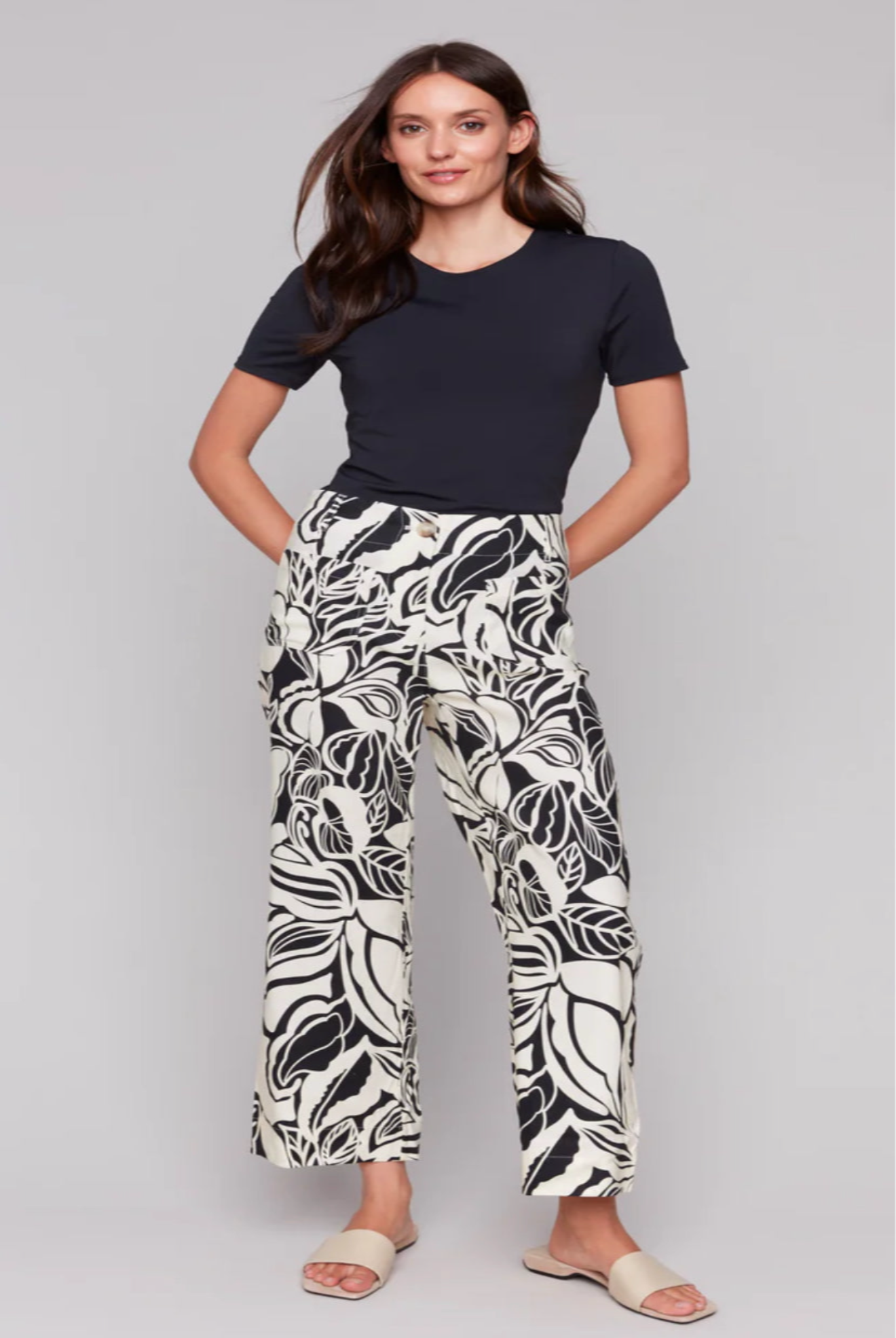 Printed Cropped Straight Leg Pant With Patch Pockets
