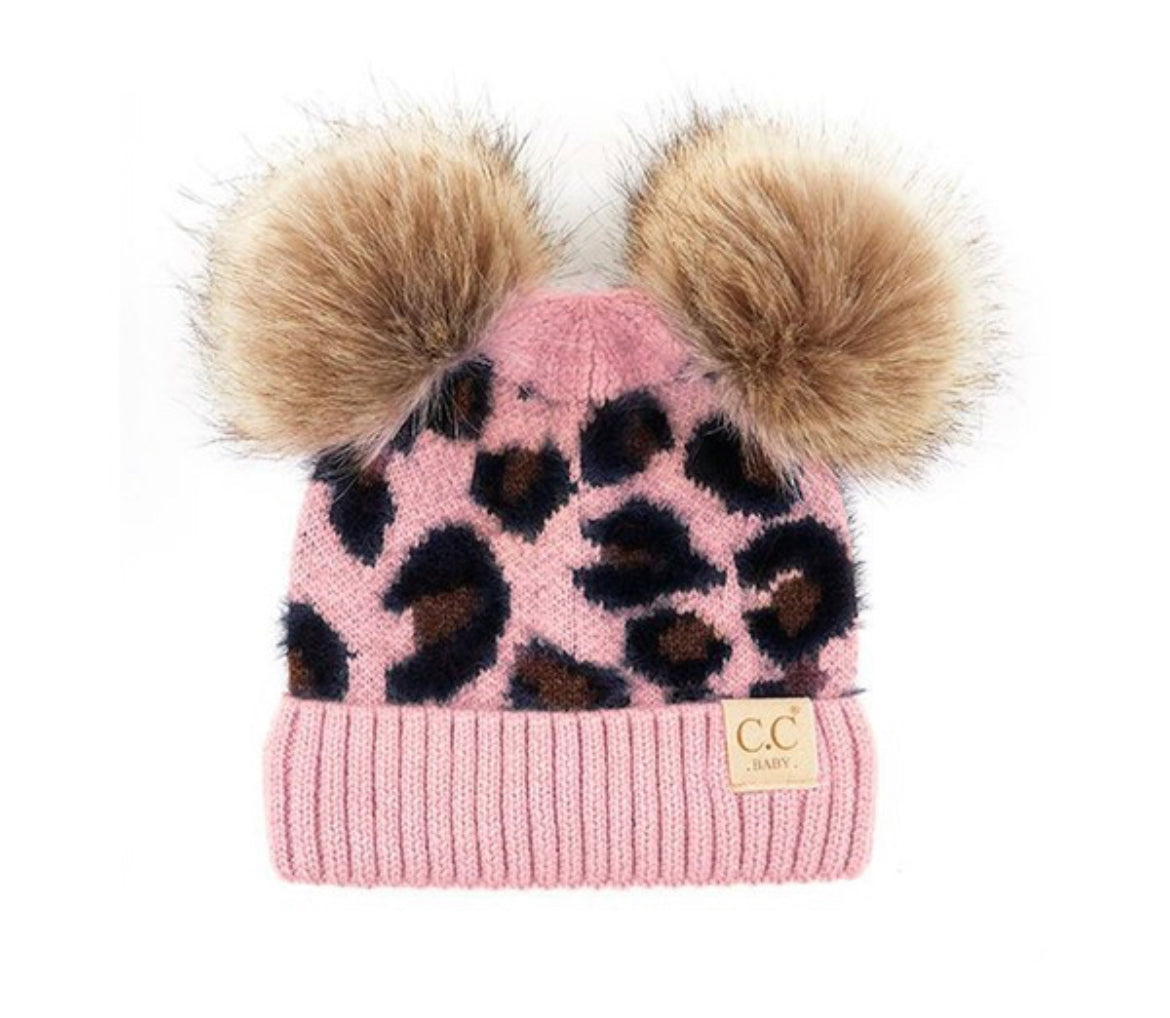 Kids Leopard Print Pom Pom Touque