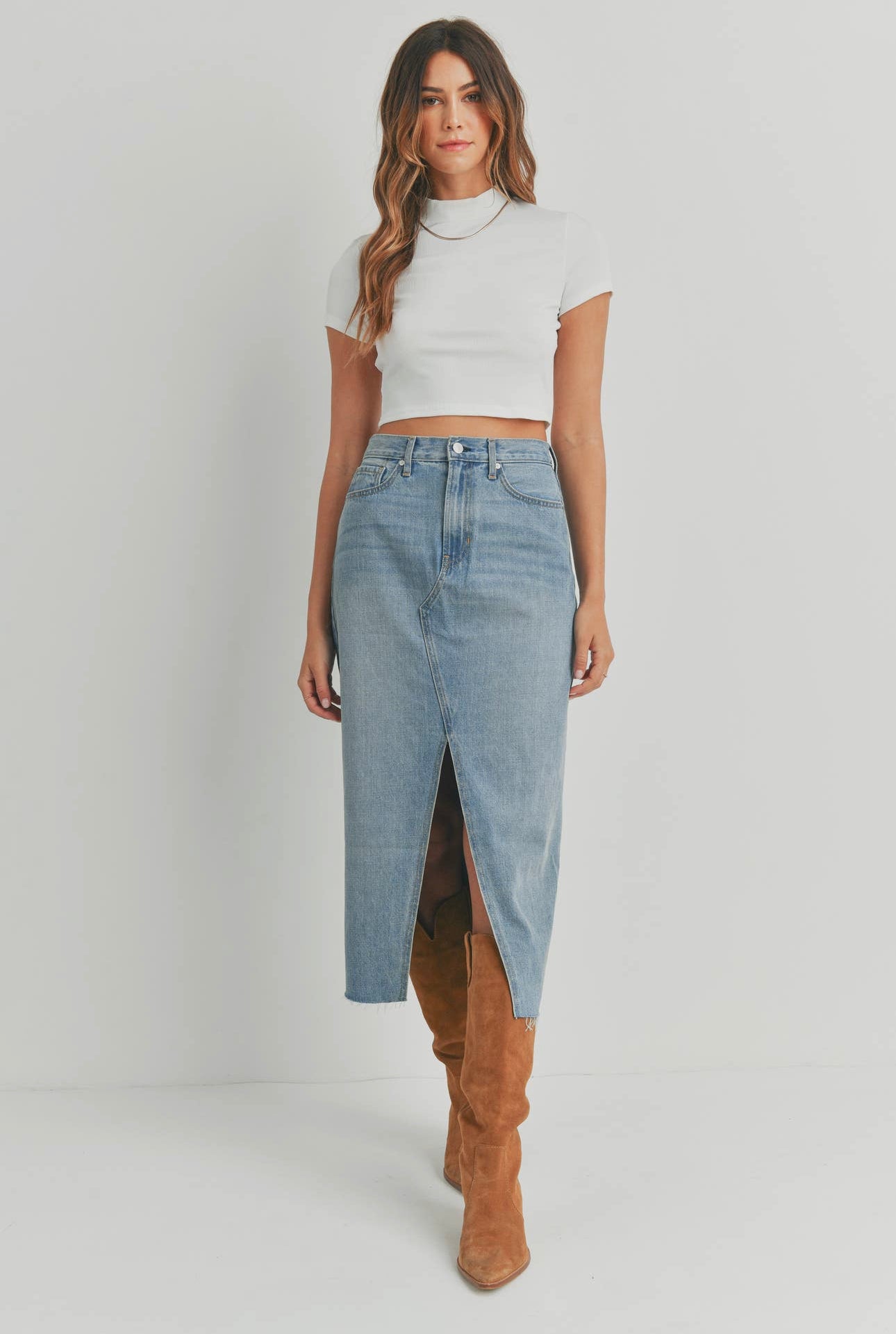 Open Slit Midi Denim Skirt