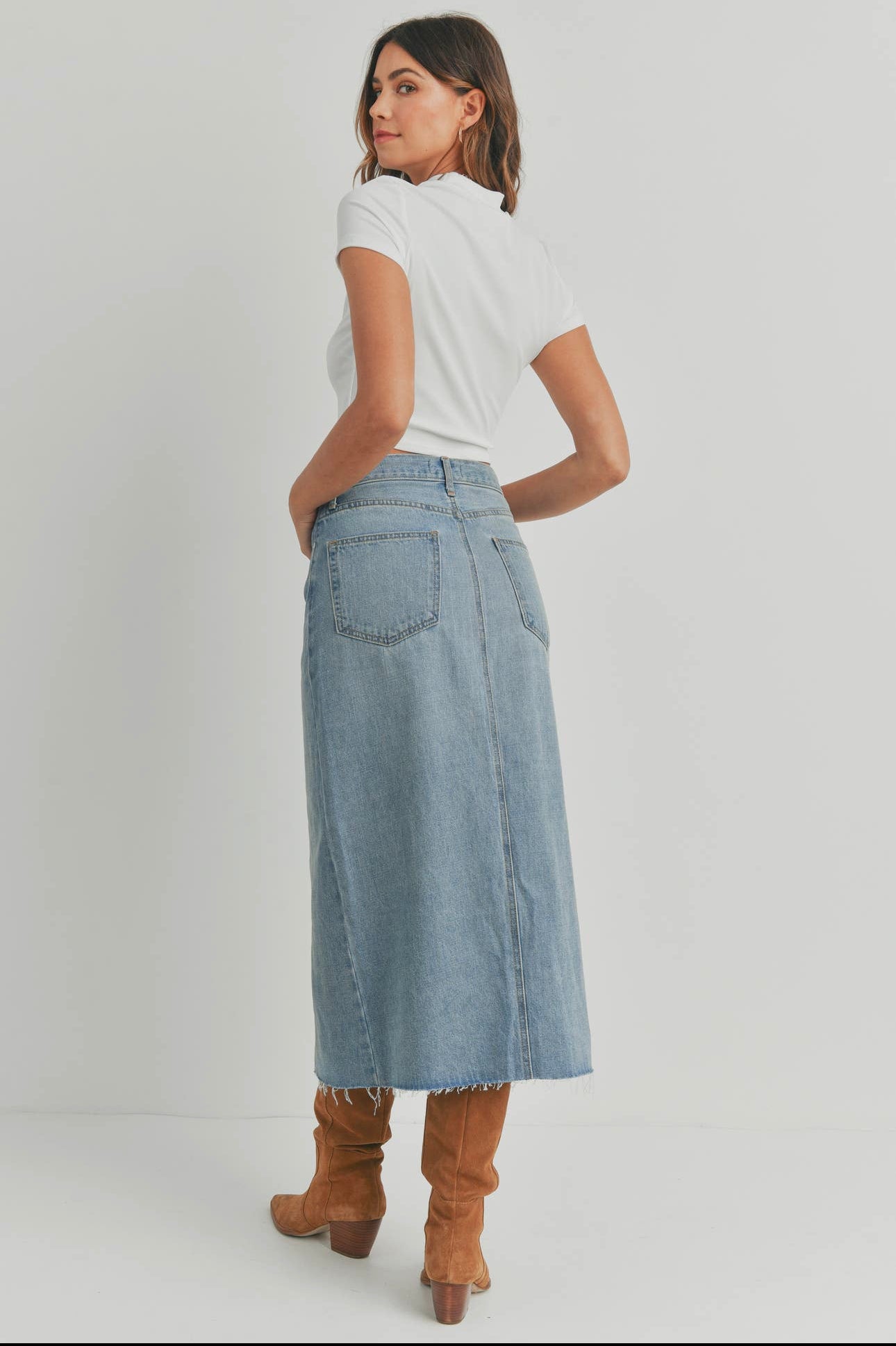 Open Slit Midi Denim Skirt