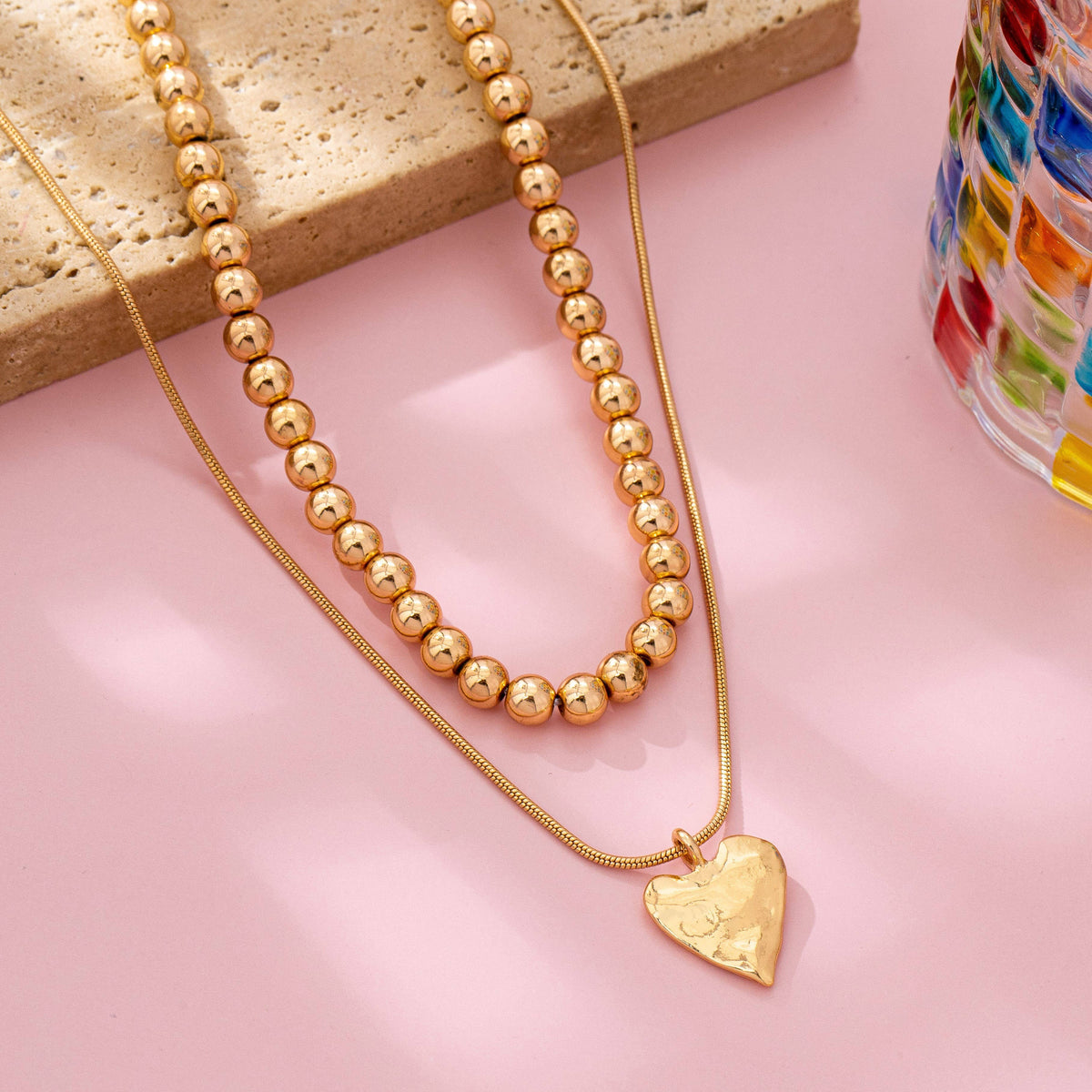 DOUBLE LAYER BALL CHAIN HEART CHARM NECKLACE