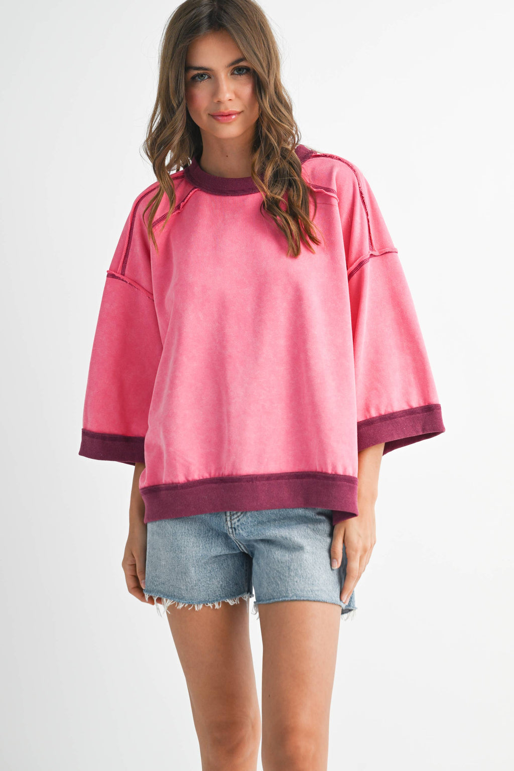 Washed Contrast Trim Boxy Sweatshirt Top
