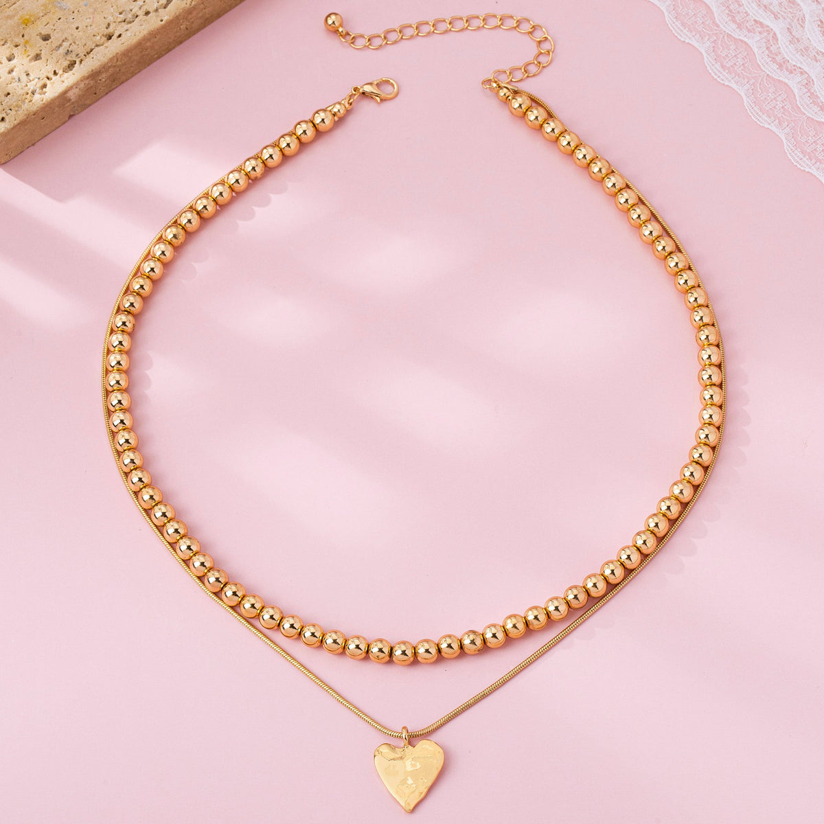 DOUBLE LAYER BALL CHAIN HEART CHARM NECKLACE
