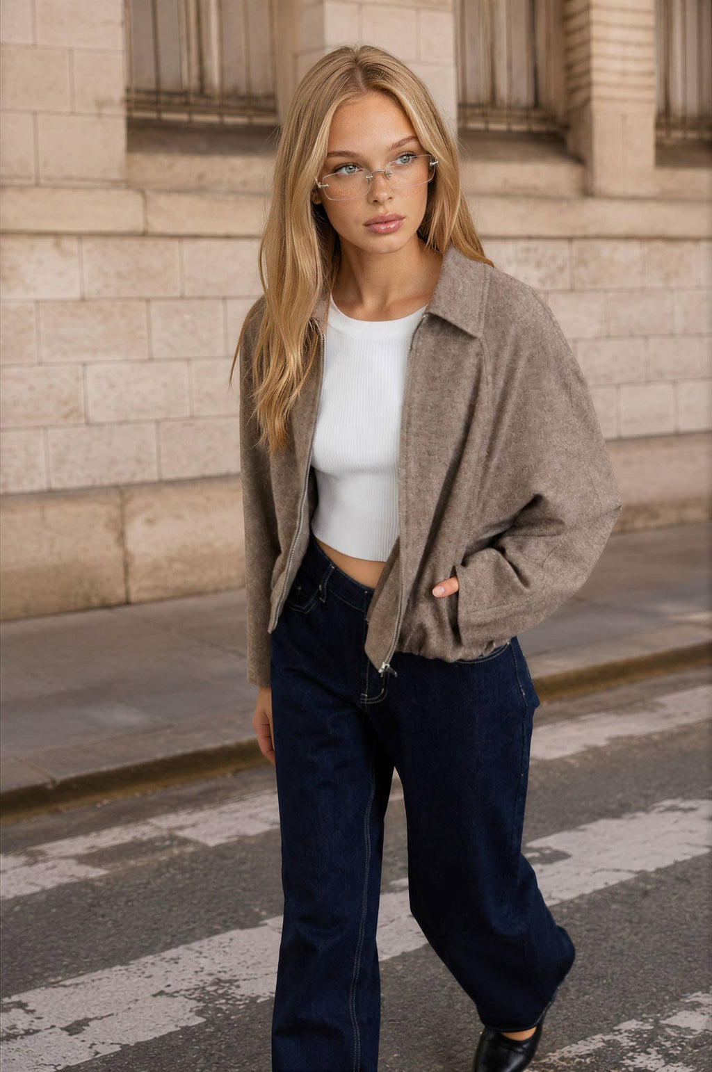 Latte collared bomber jacket