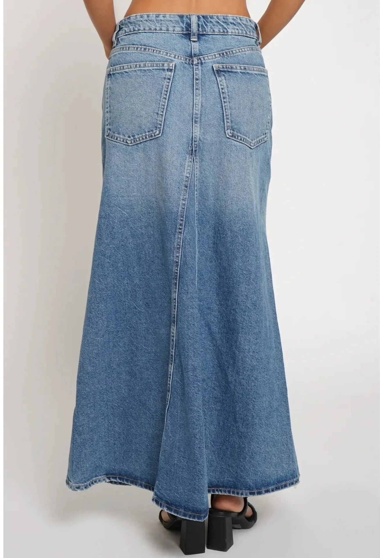 Fit Flare Denim Maxi Skirt