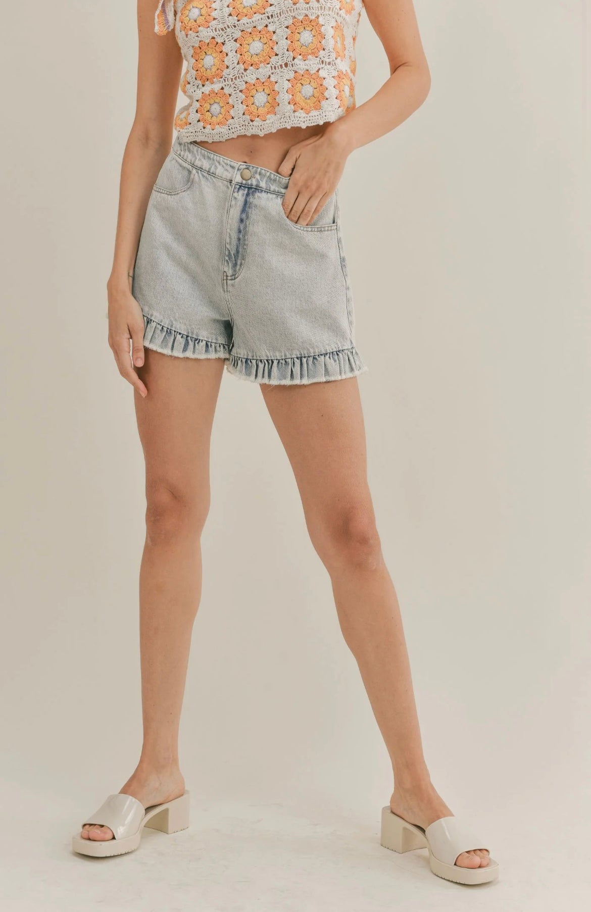 Late Night Denim Ruffled Shorts